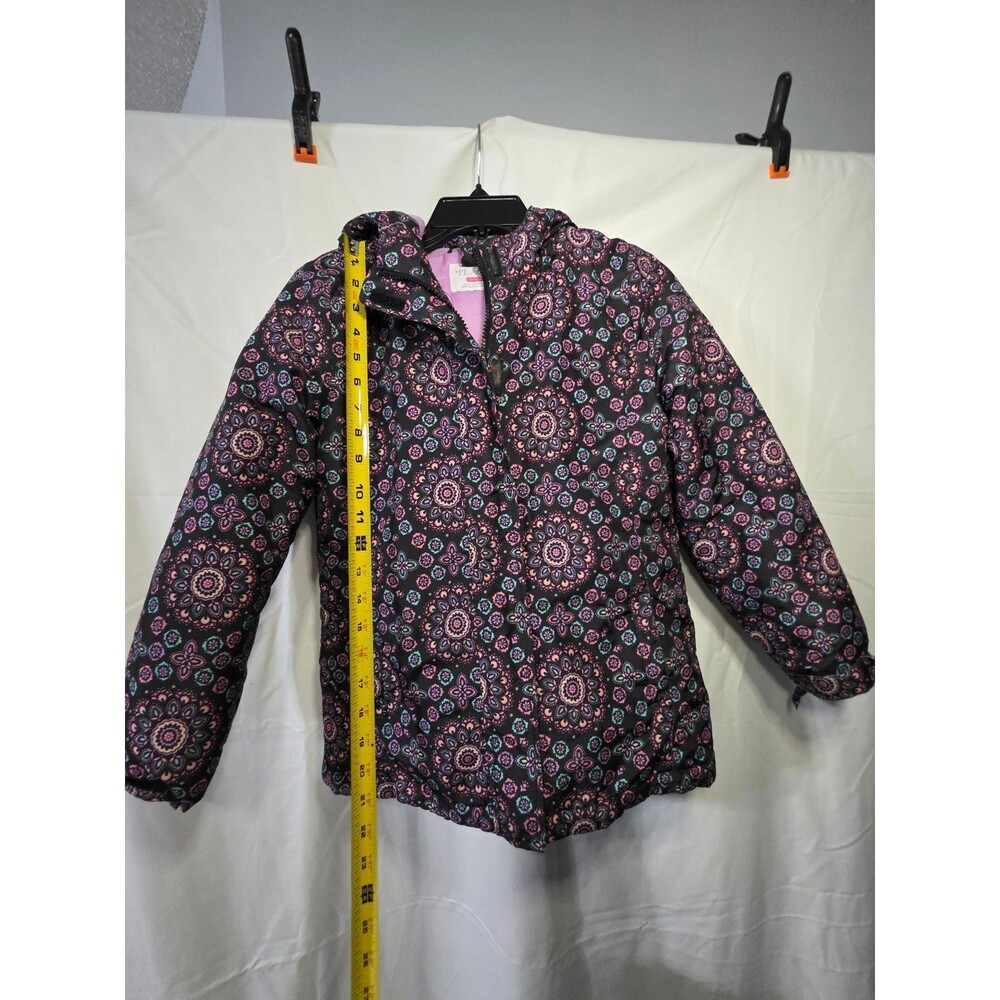 Childrens PLACE Girls Hooded Puffer Jacket Black Pink Purple Floral Size L 10/12 - Picture 2 of 4